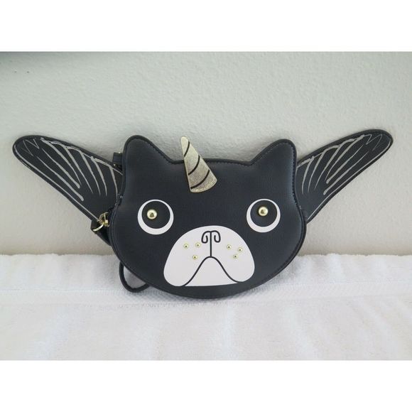 LUV BETSEY Black Frenchie Bulldog Unicorn LBTITAN Coin Purse Wristlet With Wings - Picture 4 of 9